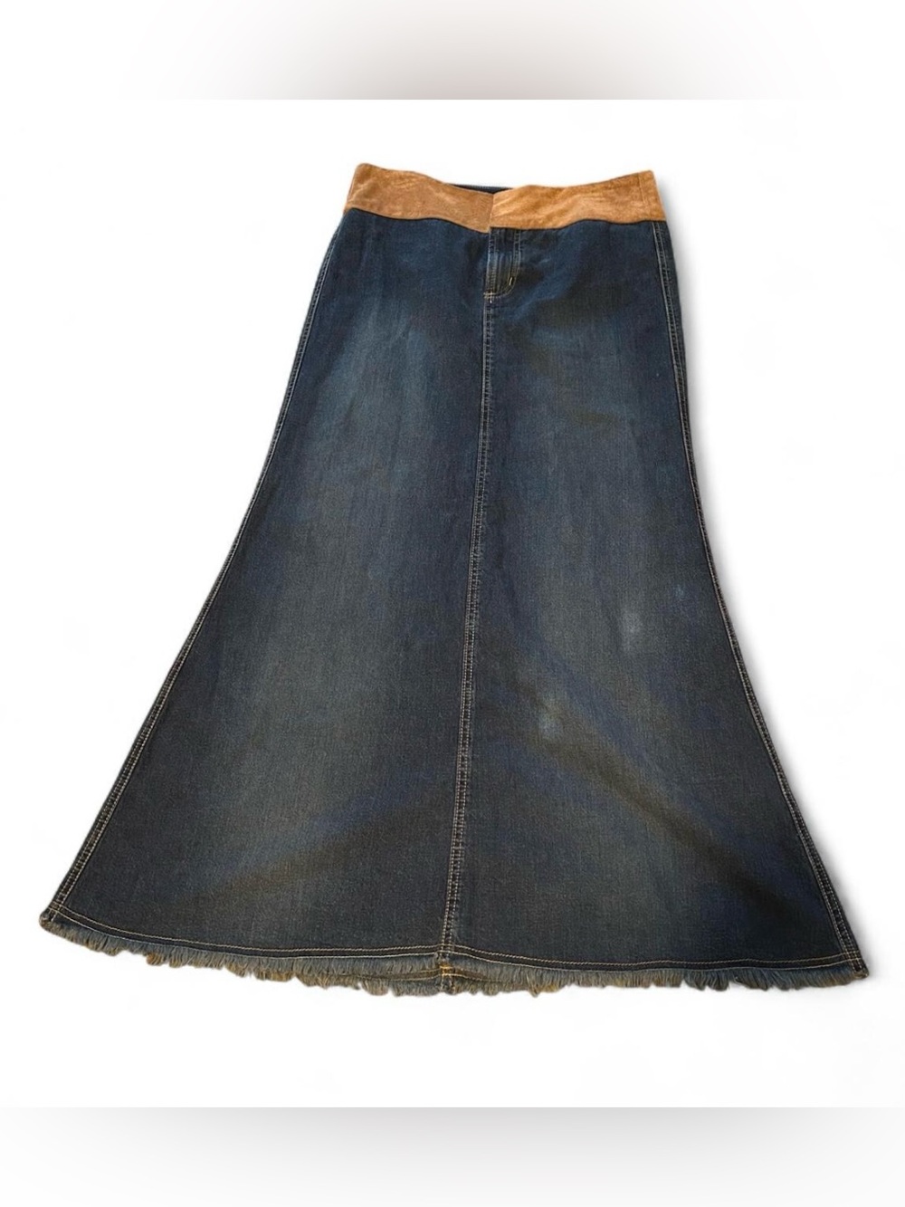 VTG y2k Billy Blues denim maxi skirt with brown suede waistband and frayed hem